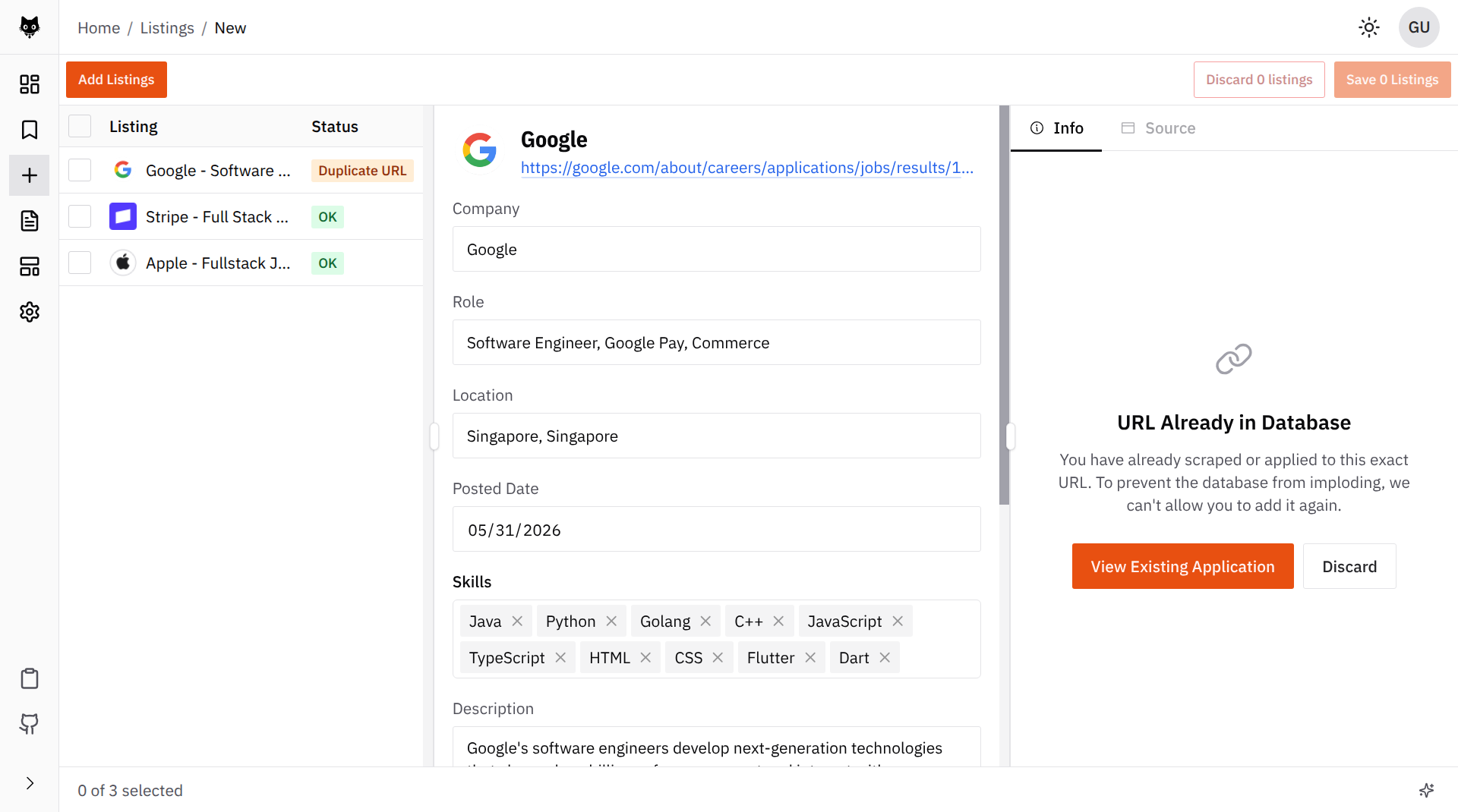Atto showing a duplicate URL alert for a job listing that was already saved