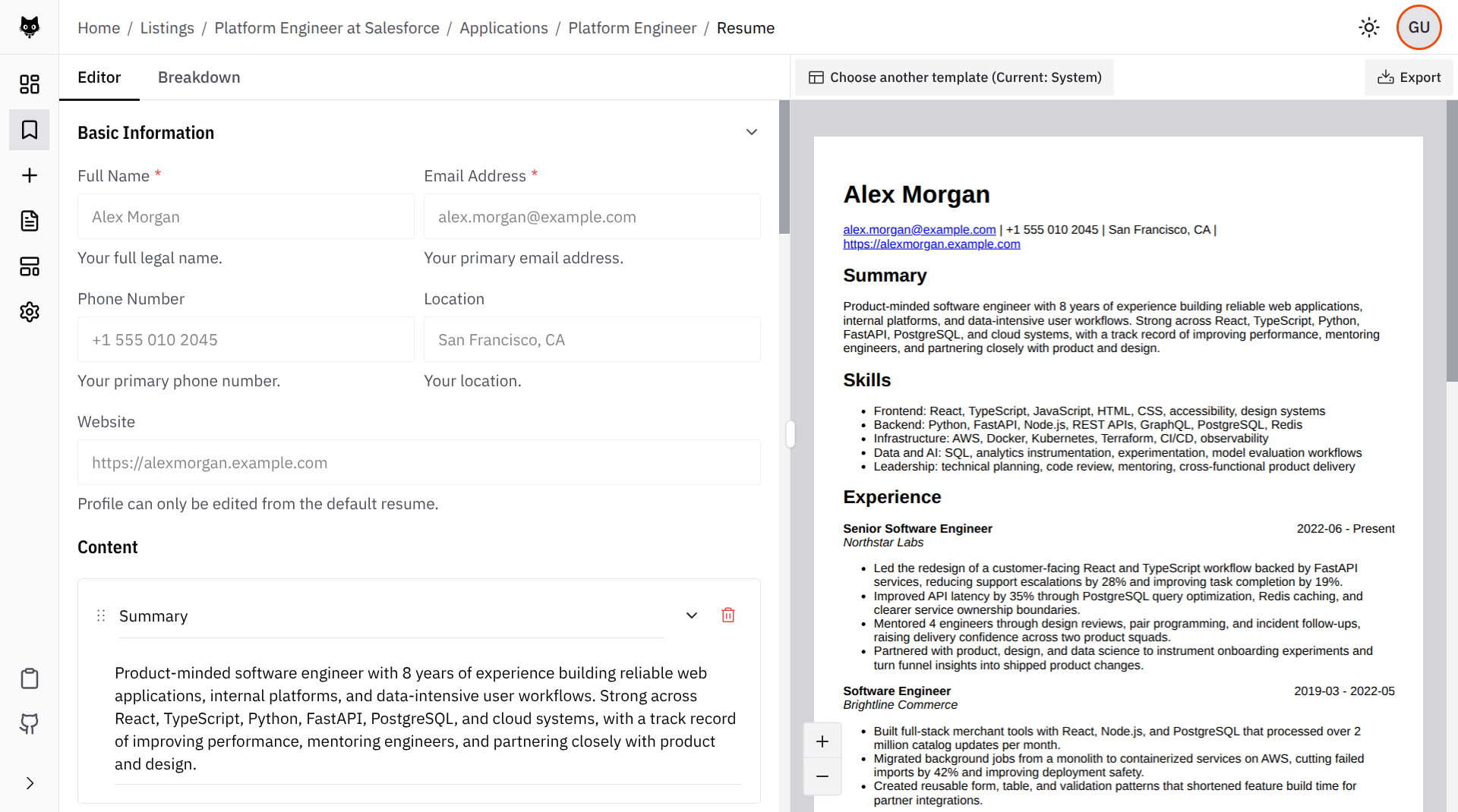 Atto's resume editor with form fields on the left and a rendered PDF preview on the right