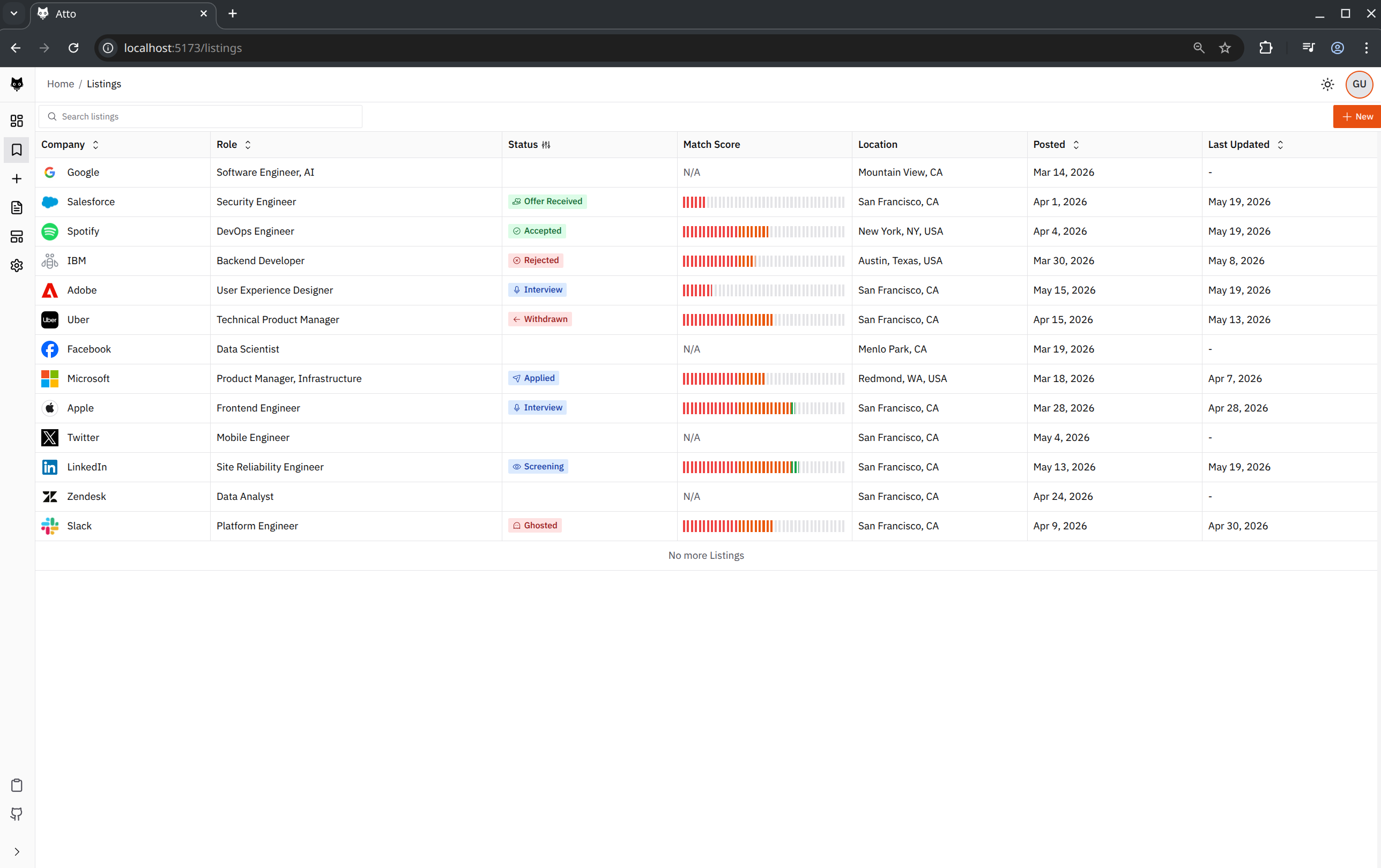 Atto dashboard showing saved jobs, application statuses, and resume tailoring
